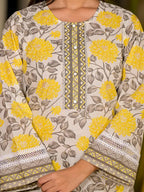 Yufta Yellow Pure Cotton Floral Print Kurta With Trousers And Dupatta Set | Grocsy