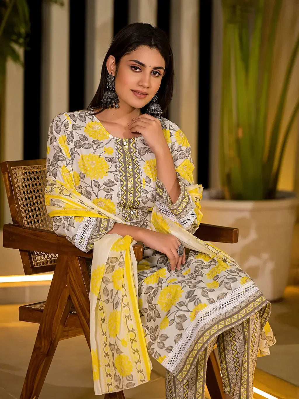 Yufta Yellow Pure Cotton Floral Print Kurta With Trousers And Dupatta Set | Grocsy