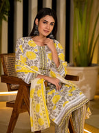 Yufta Yellow Pure Cotton Floral Print Kurta With Trousers And Dupatta Set | Grocsy