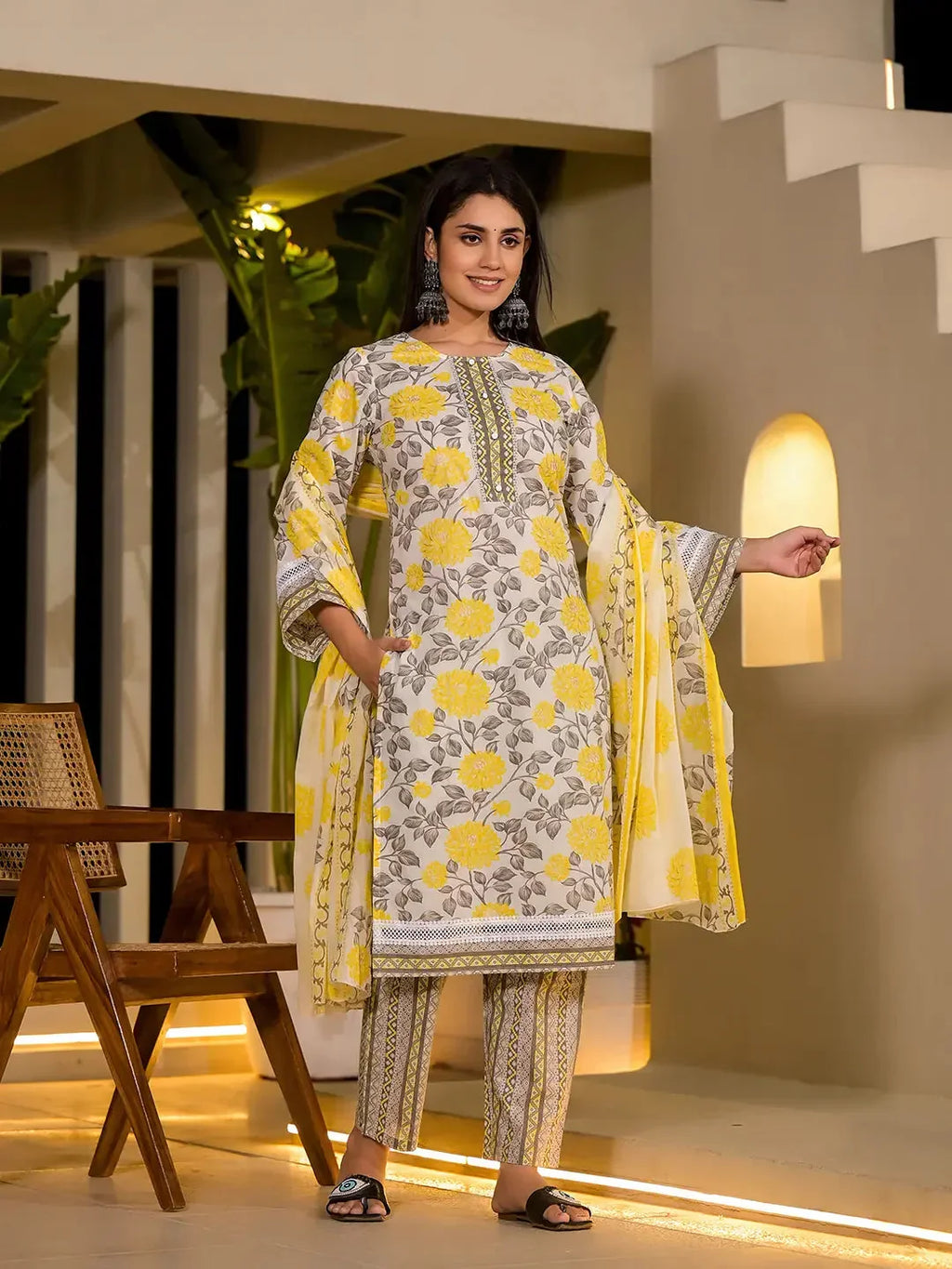 Yufta Yellow Pure Cotton Floral Print Kurta With Trousers And Dupatta Set | Grocsy