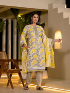 Yufta Yellow Pure Cotton Floral Print Kurta With Trousers And Dupatta Set | Grocsy