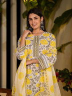 Yufta Yellow Pure Cotton Floral Print Kurta With Trousers And Dupatta Set | Grocsy