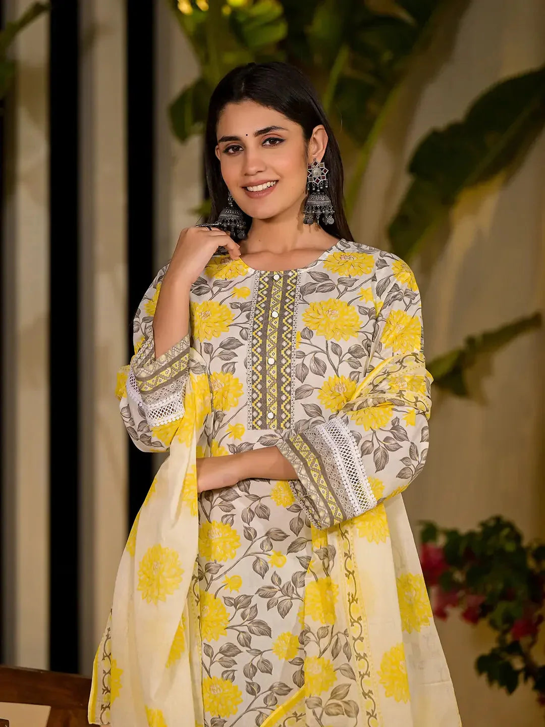 Yufta Yellow Pure Cotton Floral Print Kurta With Trousers And Dupatta Set | Grocsy