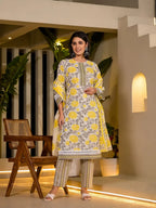 Yufta Yellow Pure Cotton Floral Print Kurta With Trousers And Dupatta Set | Grocsy