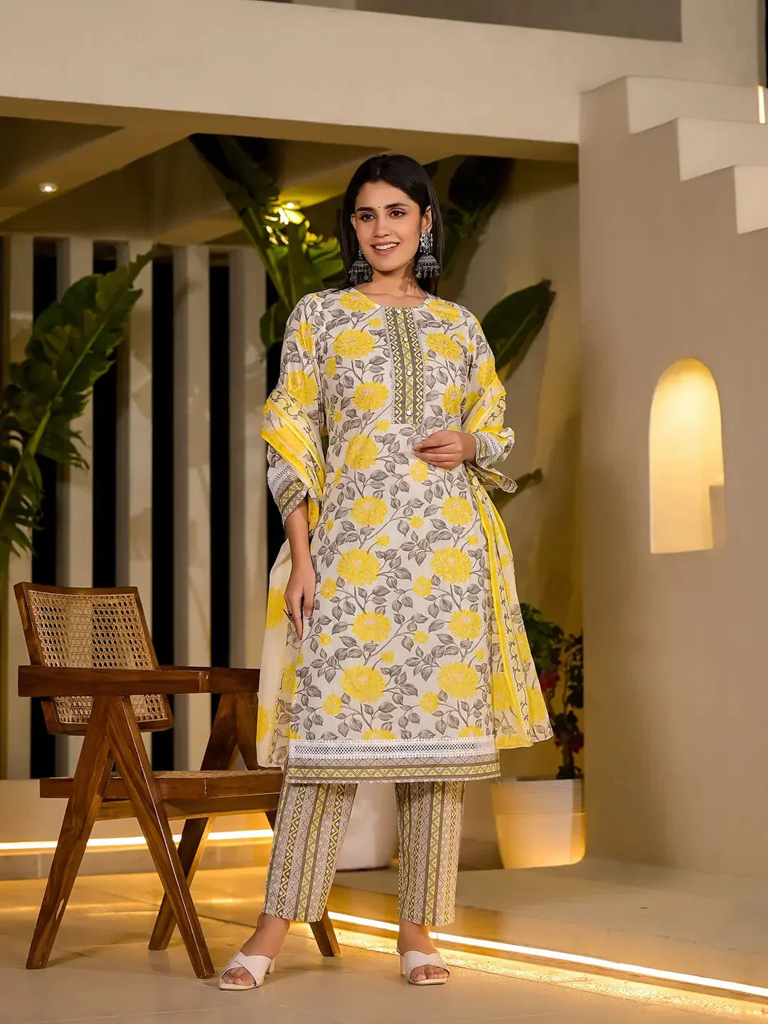 Yufta Yellow Pure Cotton Floral Print Kurta With Trousers And Dupatta Set | Grocsy