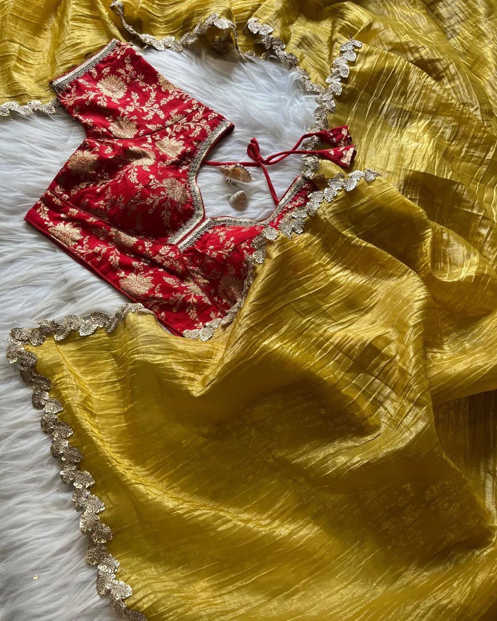 Lorenvalley Fashion Premium Yellow Tissue Crush Saree with Jacquard Weaving Stitched Blouse | Grocsy