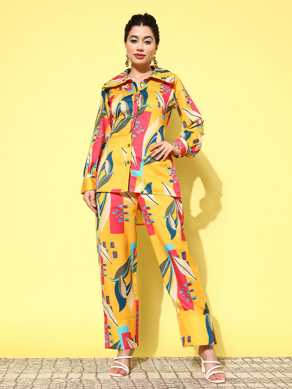 Yufta Yellow and Pink Printed Satin Co-Ords | Grocsy