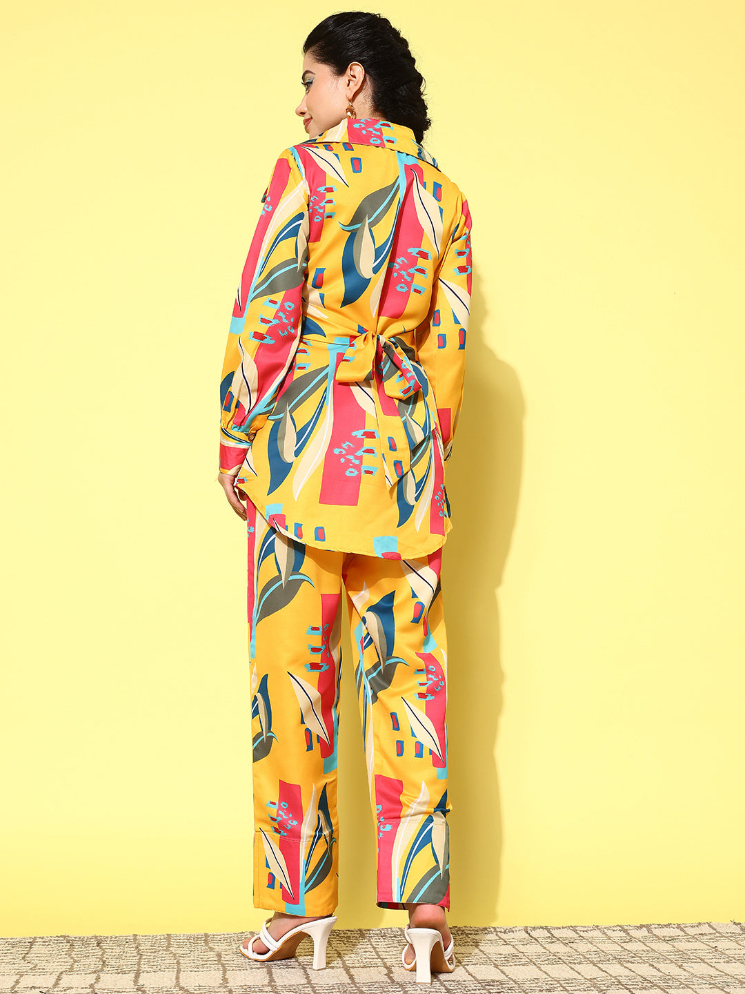 Yufta Yellow and Pink Printed Satin Co-Ords | Grocsy