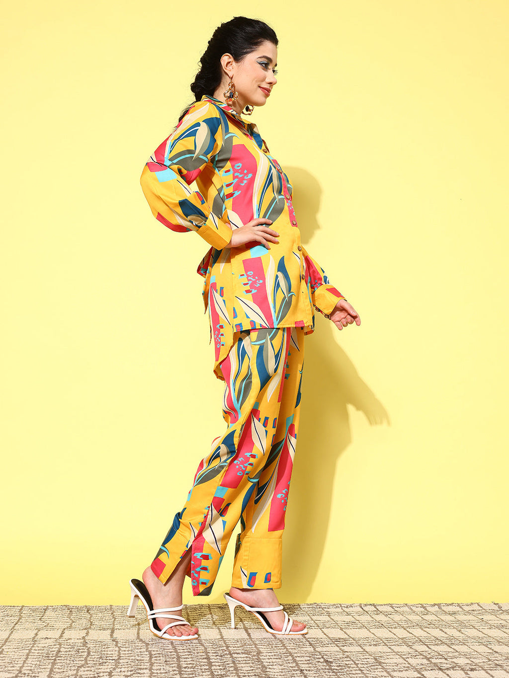 Yufta Yellow and Pink Printed Satin Co-Ords | Grocsy