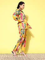 Yufta Yellow and Pink Printed Satin Co-Ords | Grocsy