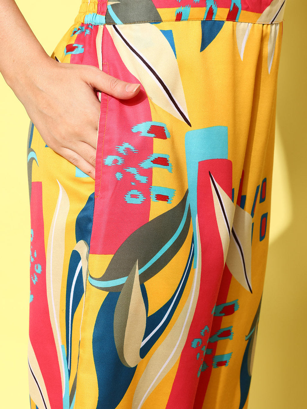 Yufta Yellow and Pink Printed Satin Co-Ords | Grocsy