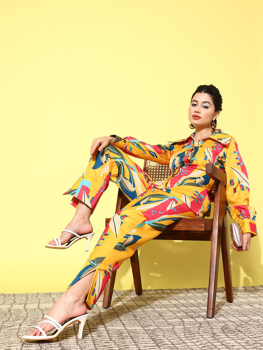 Yufta Yellow and Pink Printed Satin Co-Ords | Grocsy