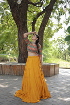 Lorenvalley Yellow Premium Rayon Lehenga with Georgette Embroidered Traditional Thread work Choli | Grocsy