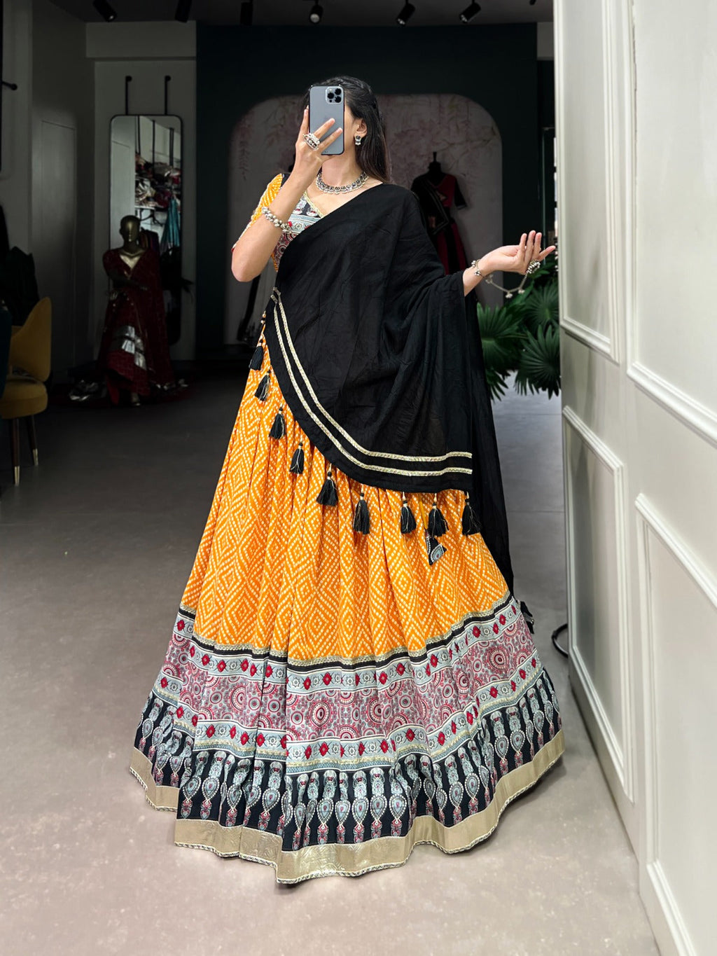 Lorenvalley Yellow Rayon with Bandhej And Ajarakh Print With Embossed Design Gota Lace Touch up Lehenga Choli | Grocsy