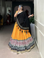 Lorenvalley Yellow Rayon with Bandhej And Ajarakh Print With Embossed Design Gota Lace Touch up Lehenga Choli | Grocsy