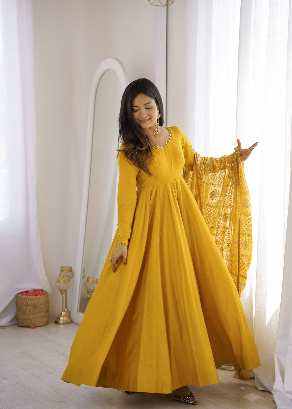 Lorenvalley Fashion Yellow Roman Chanderi Silk 16 Kali Anarkali Gown Pants with Dupatta | Grocsy