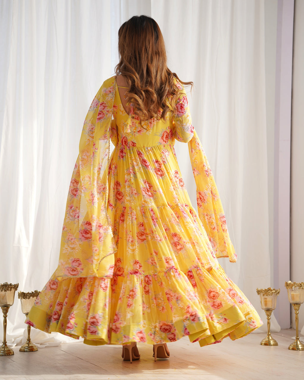 Lorenvalley Women Pure Soft Faux Georgette Floral Print Fully Flair Anarkali Kurta Pant With Dupatta Set - Yellow | Grocsy
