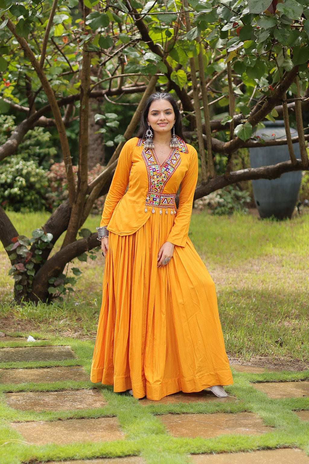 Lorenvalley Yellow Rayon Fabric With Kutchi Gamthi Work Gown | Grocsy