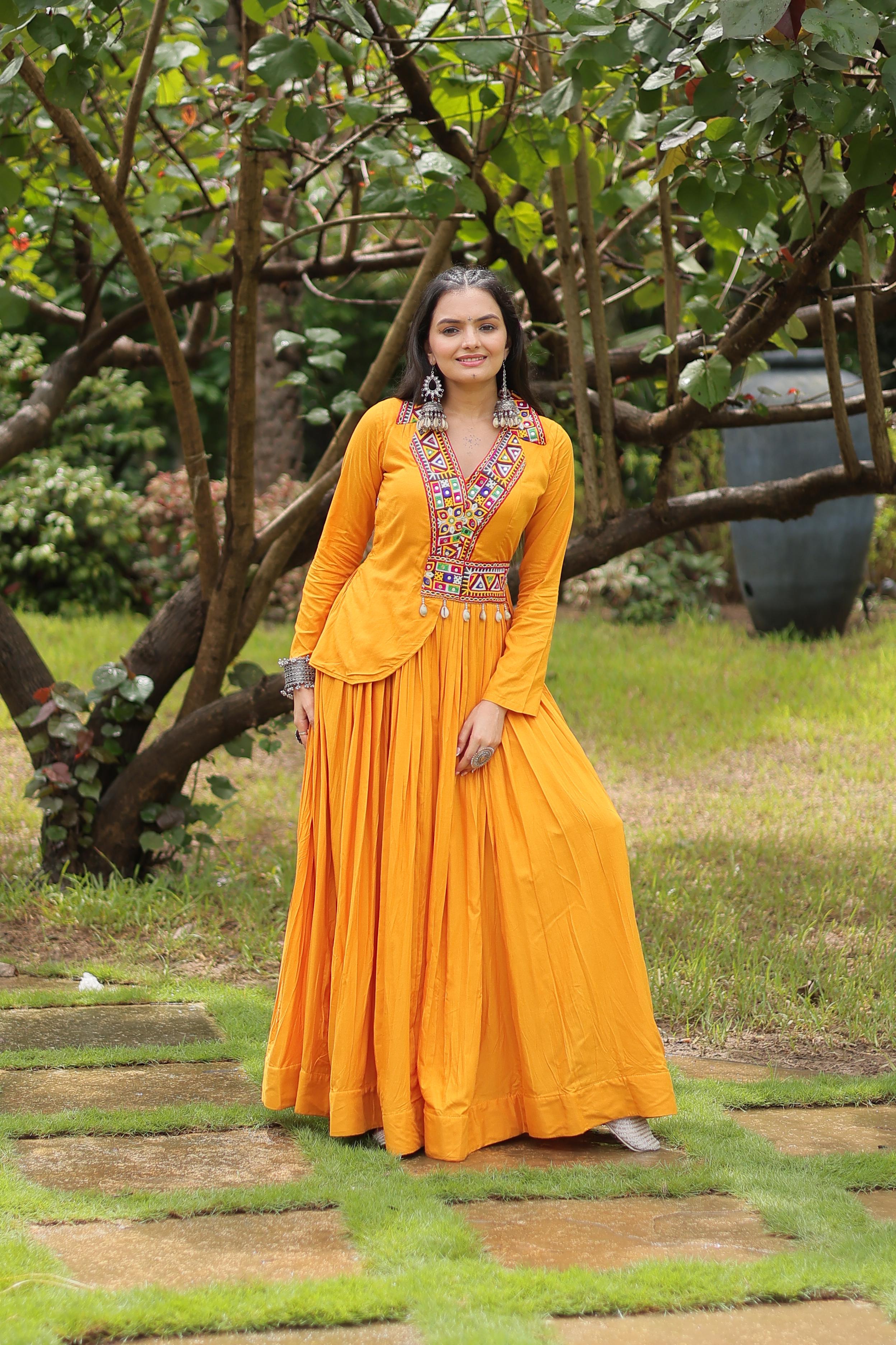 Lorenvalley Yellow Rayon Fabric With Kutchi Gamthi Work Gown | Grocsy