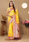 Lorenvalley Fashion Yellow Soft Paithani Silk Woven Design Rich Meenakari Zari Weaving Pallu Saree | Grocsy