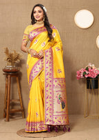 Lorenvalley Fashion Yellow Soft Paithani Silk Woven Design Rich Meenakari Zari Weaving Pallu Saree | Grocsy