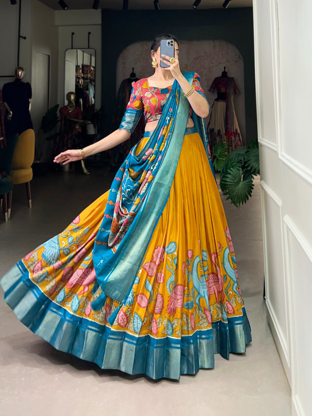 Lorenvalley Yellow Dola Silk and Jacquard Silk Printed (Kalamkari) With Zari Weaving Border Lehenga Choli | Grocsy