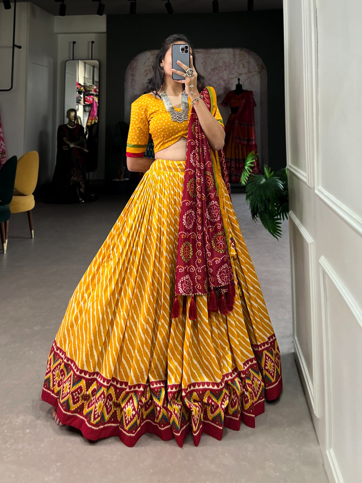 Lorenvalley Yellow Tussar Silk Lehenga Leheriya Patola Print Border With Choli Bandhej Print With Bandhej Print Gotta Patti Lace Border Dupatta | Grocsy