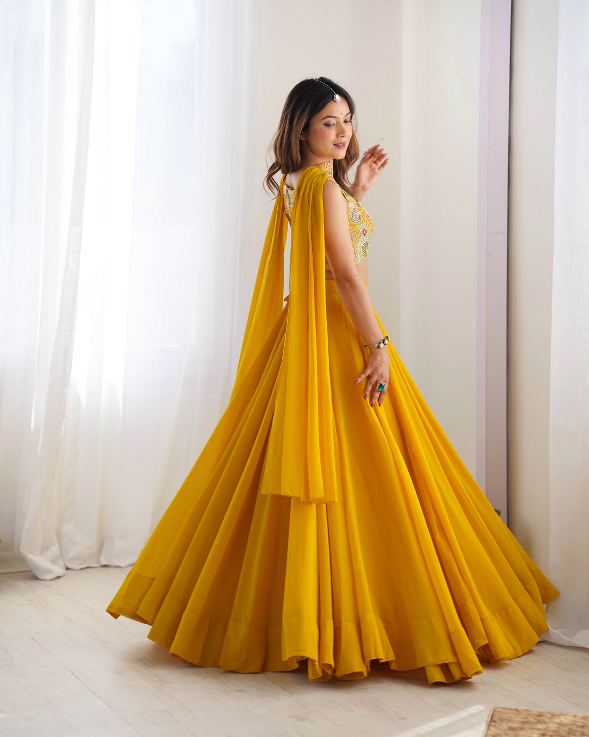 Lorenvalley Yellow Faux Georgette Stitched Lehenga Embroidery Blouse with Dupatta | Grocsy