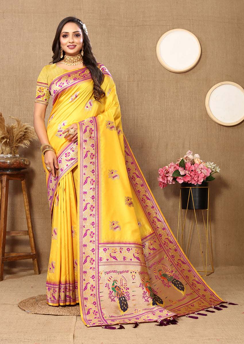 Lorenvalley Fashion Yellow Soft Paithani Silk Woven Design Rich Meenakari Zari Weaving Pallu Saree | Grocsy
