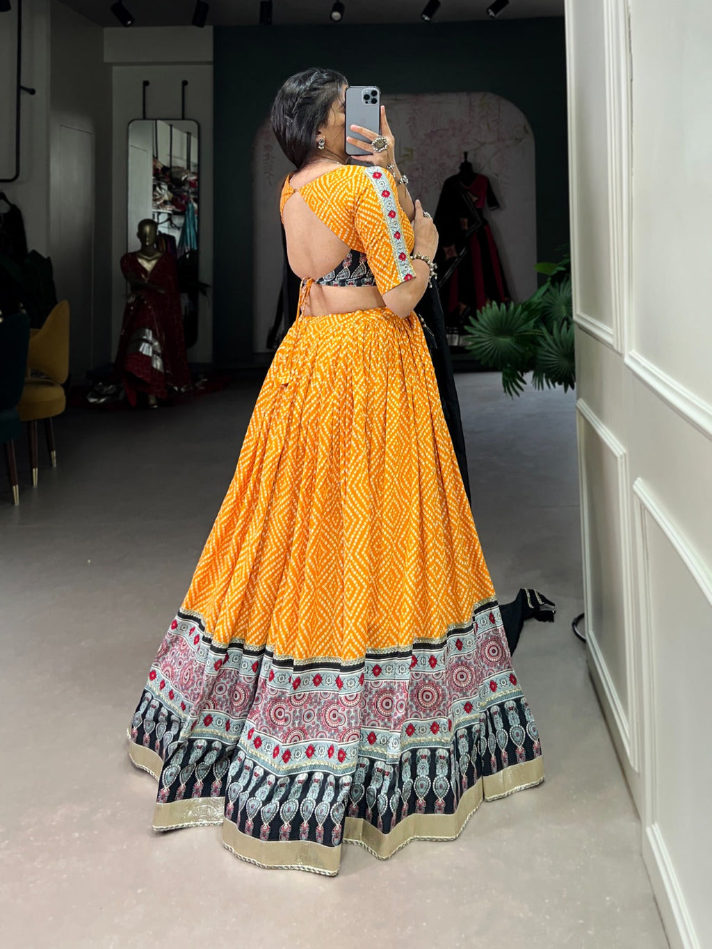 Lorenvalley Yellow Rayon with Bandhej And Ajarakh Print With Embossed Design Gota Lace Touch up Lehenga Choli | Grocsy