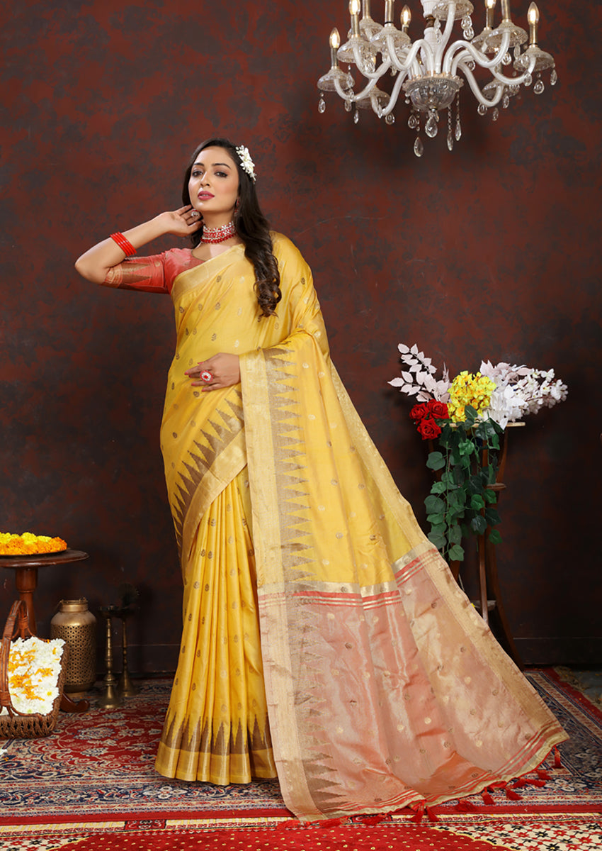 Lorenvalley Fashion Yellow Soft Katan Silk Woven Design Zari Weaving Pallu Saree | Grocsy