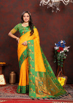 Lorenvalley Fashion Yellow Soft Paithani Silk Woven Design Rich Zari Meenakari Weaving Saree | Grocsy