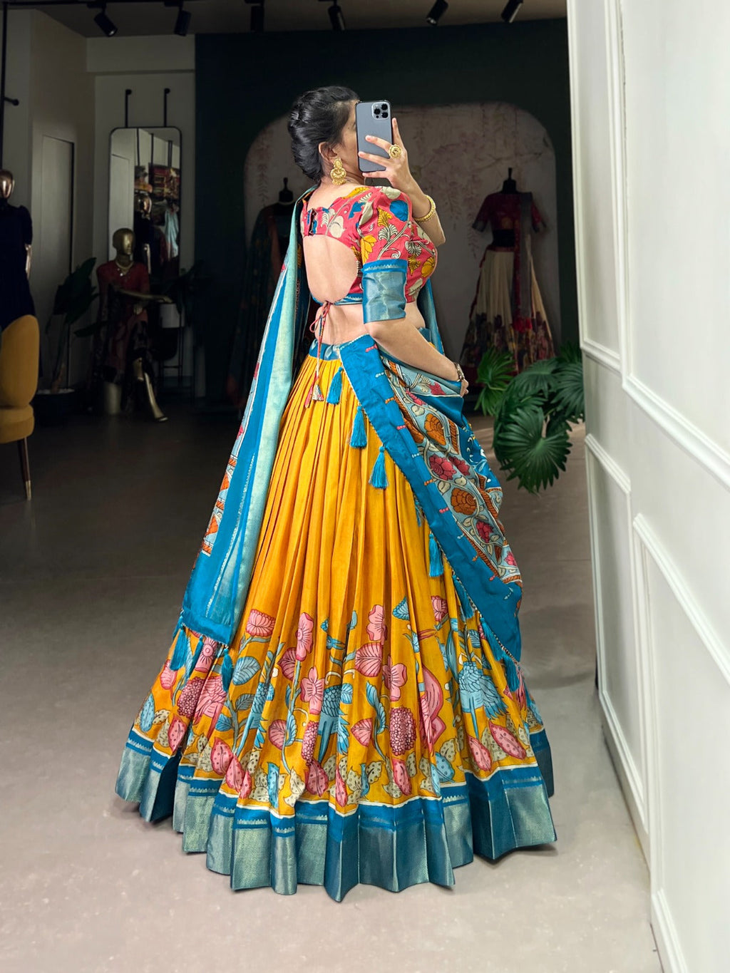 Lorenvalley Yellow Dola Silk and Jacquard Silk Printed (Kalamkari) With Zari Weaving Border Lehenga Choli | Grocsy