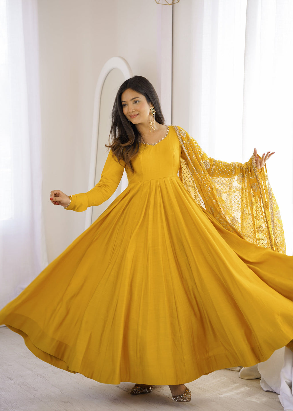 Lorenvalley Fashion Yellow Roman Chanderi Silk 16 Kali Anarkali Gown Pants with Dupatta | Grocsy