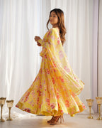 Lorenvalley Women Pure Soft Faux Georgette Floral Print Fully Flair Anarkali Kurta Pant With Dupatta Set - Yellow | Grocsy