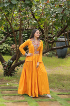 Lorenvalley Yellow Rayon Fabric With Kutchi Gamthi Work Gown | Grocsy