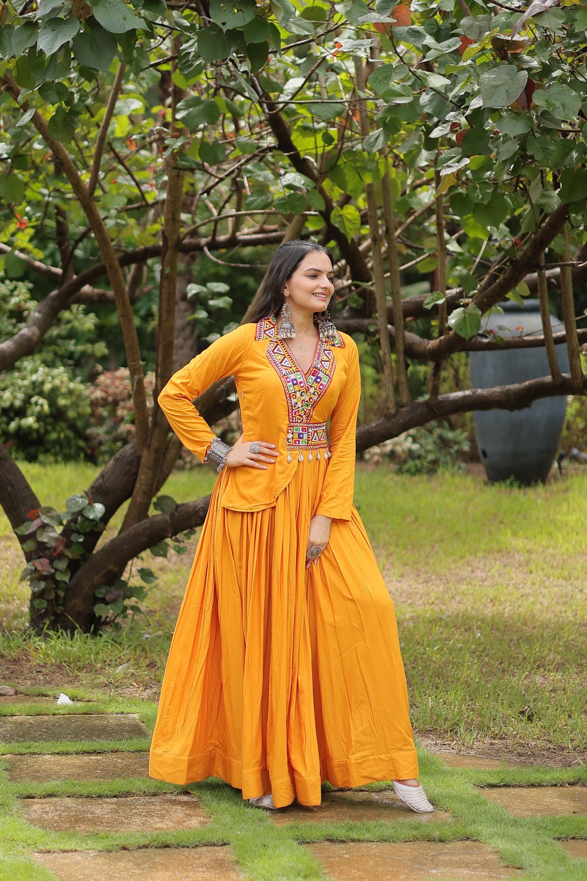 Lorenvalley Yellow Rayon Fabric With Kutchi Gamthi Work Gown | Grocsy