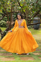 Lorenvalley Yellow Rayon Fabric With Kutchi Gamthi Work Gown | Grocsy