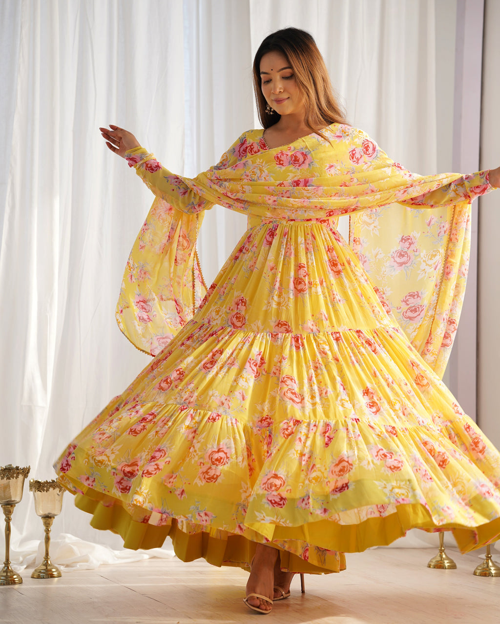 Lorenvalley Women Pure Soft Faux Georgette Floral Print Fully Flair Anarkali Kurta Pant With Dupatta Set - Yellow | Grocsy