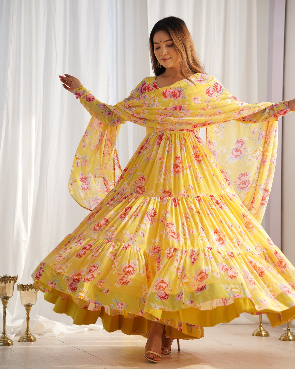 Lorenvalley Women Pure Soft Faux Georgette Floral Print Fully Flair Anarkali Kurta Pant With Dupatta Set - Yellow | Grocsy