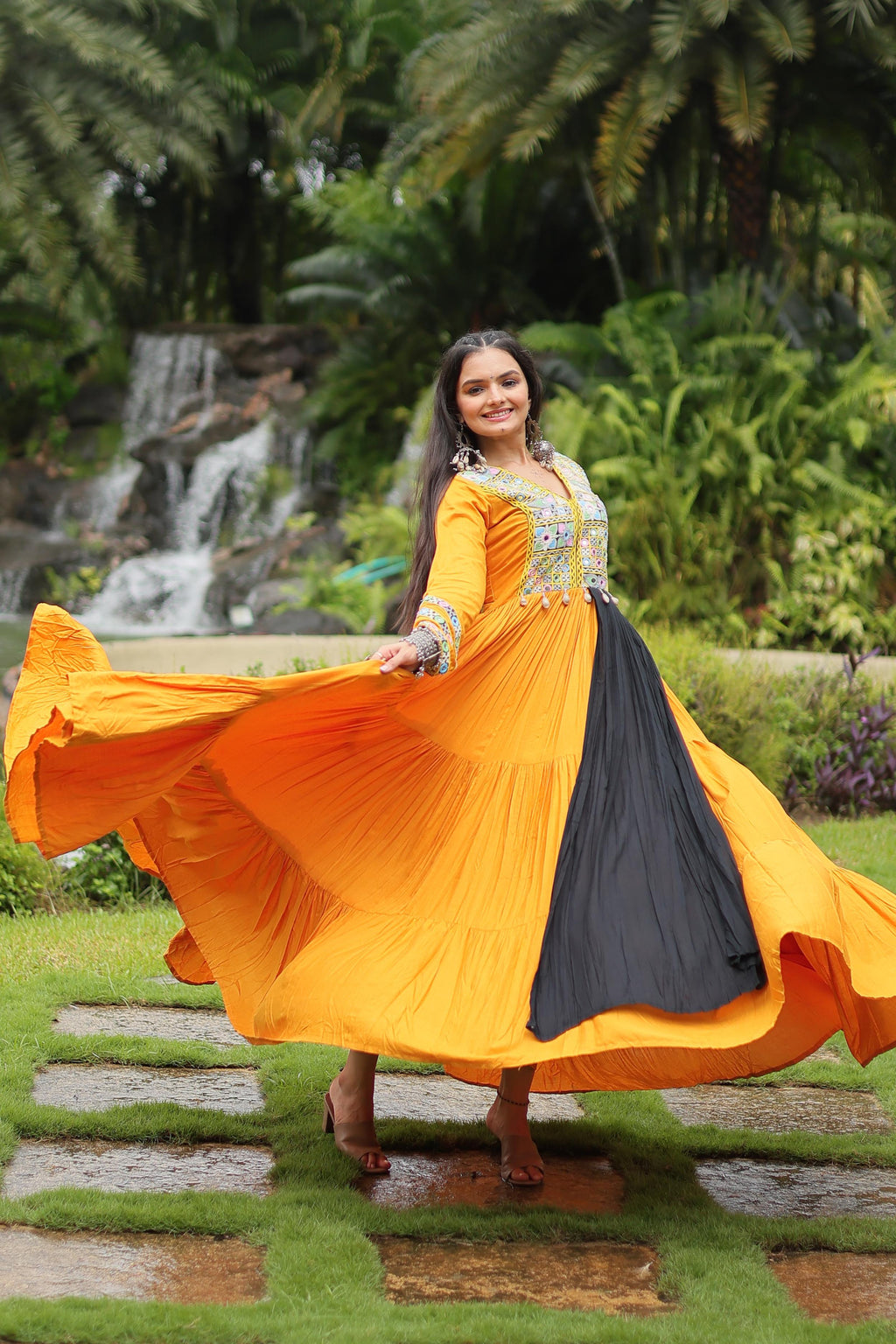 Lorenvalley Yellow Rayon Fabric With Kutchi Gamthi Work Gown | Grocsy
