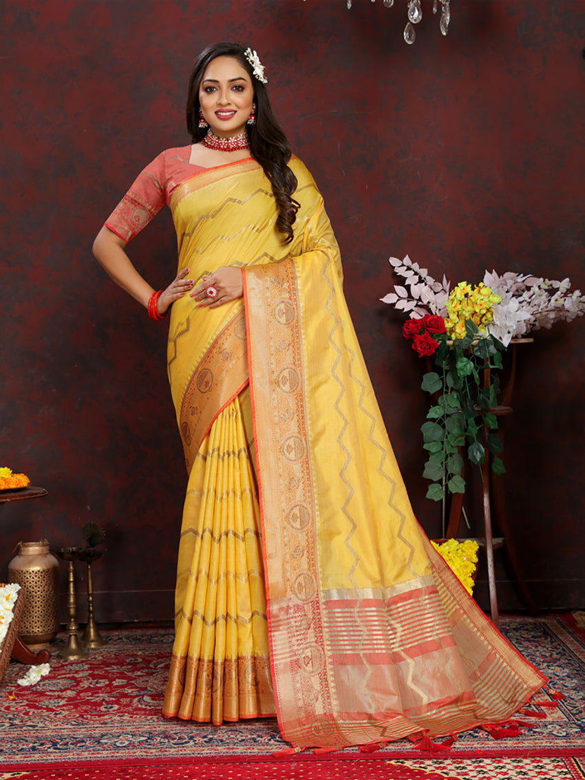 Lorenvalley Fashion Yellow Soft Katan Silk Woven Design Zari Weaving Pallu Saree | Grocsy