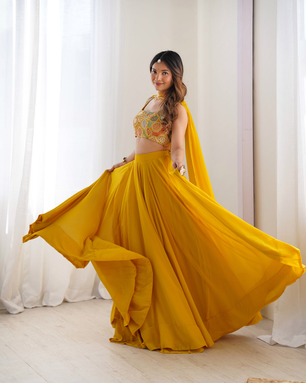 Lorenvalley Yellow Faux Georgette Stitched Lehenga Embroidery Blouse with Dupatta | Grocsy