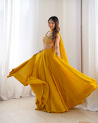 Lorenvalley Yellow Faux Georgette Stitched Lehenga Embroidery Blouse with Dupatta | Grocsy