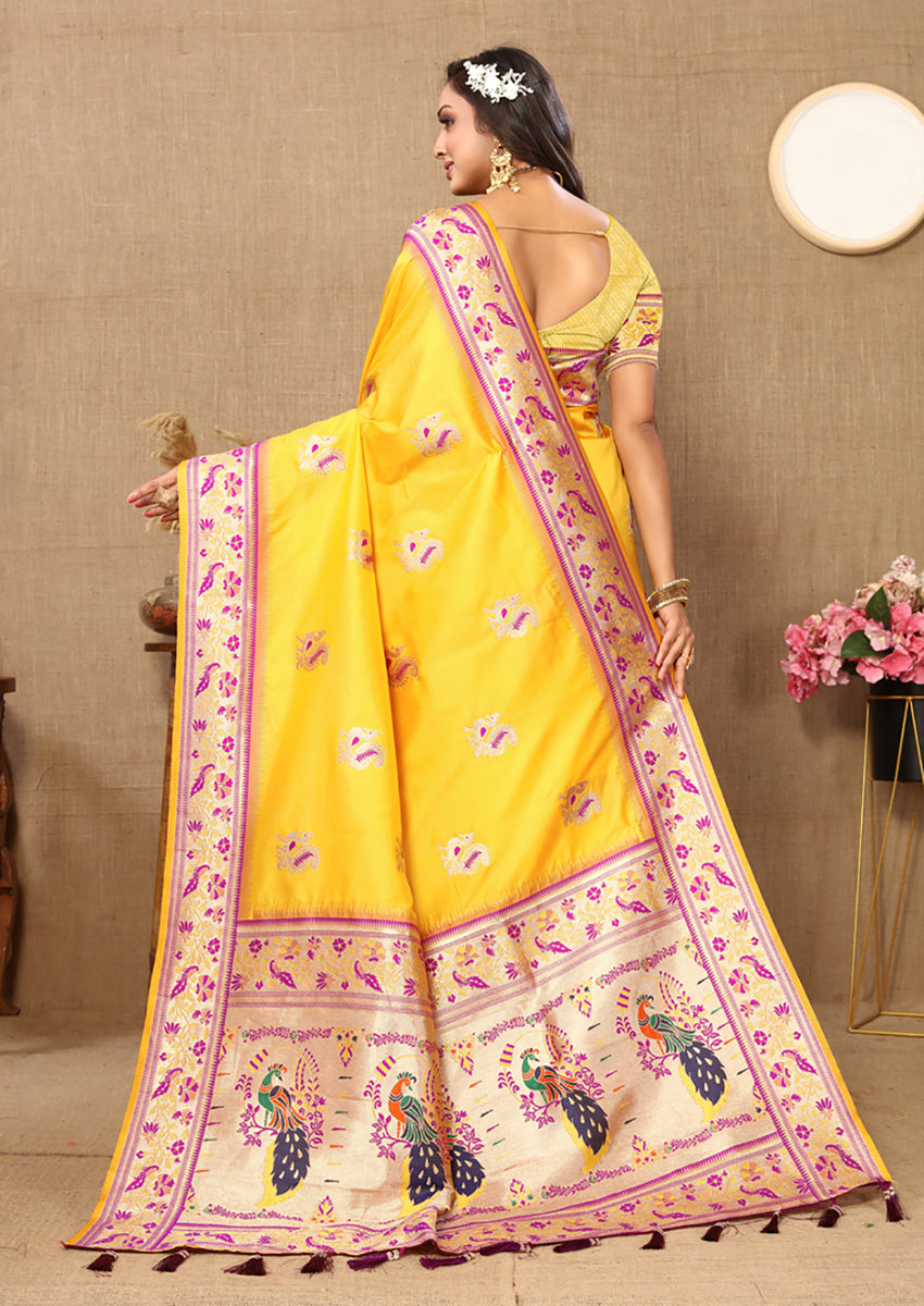 Lorenvalley Fashion Yellow Soft Paithani Silk Woven Design Rich Meenakari Zari Weaving Pallu Saree | Grocsy