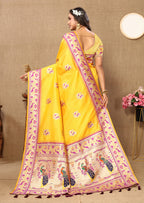 Lorenvalley Fashion Yellow Soft Paithani Silk Woven Design Rich Meenakari Zari Weaving Pallu Saree | Grocsy