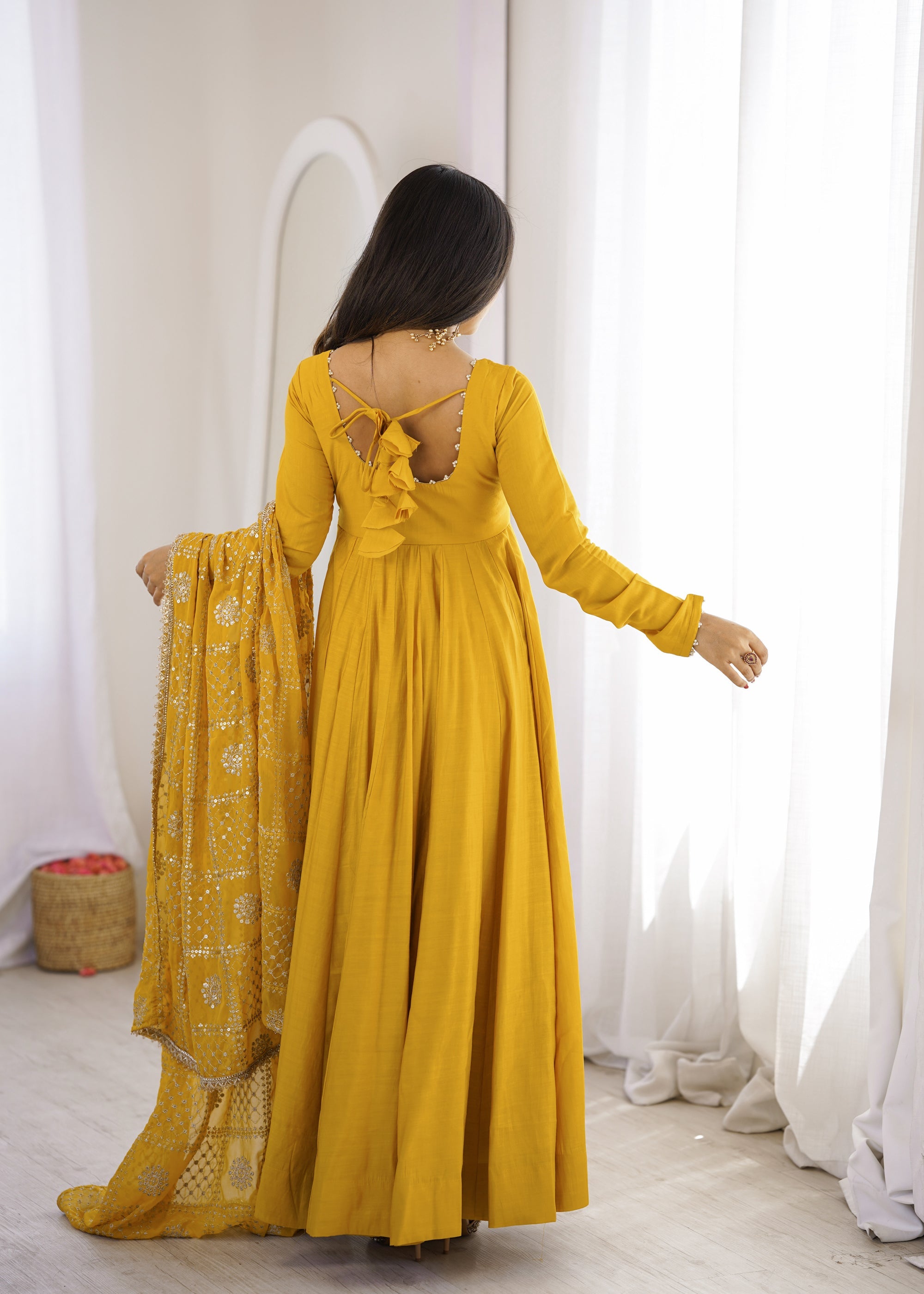 Lorenvalley Fashion Yellow Roman Chanderi Silk 16 Kali Anarkali Gown Pants with Dupatta | Grocsy