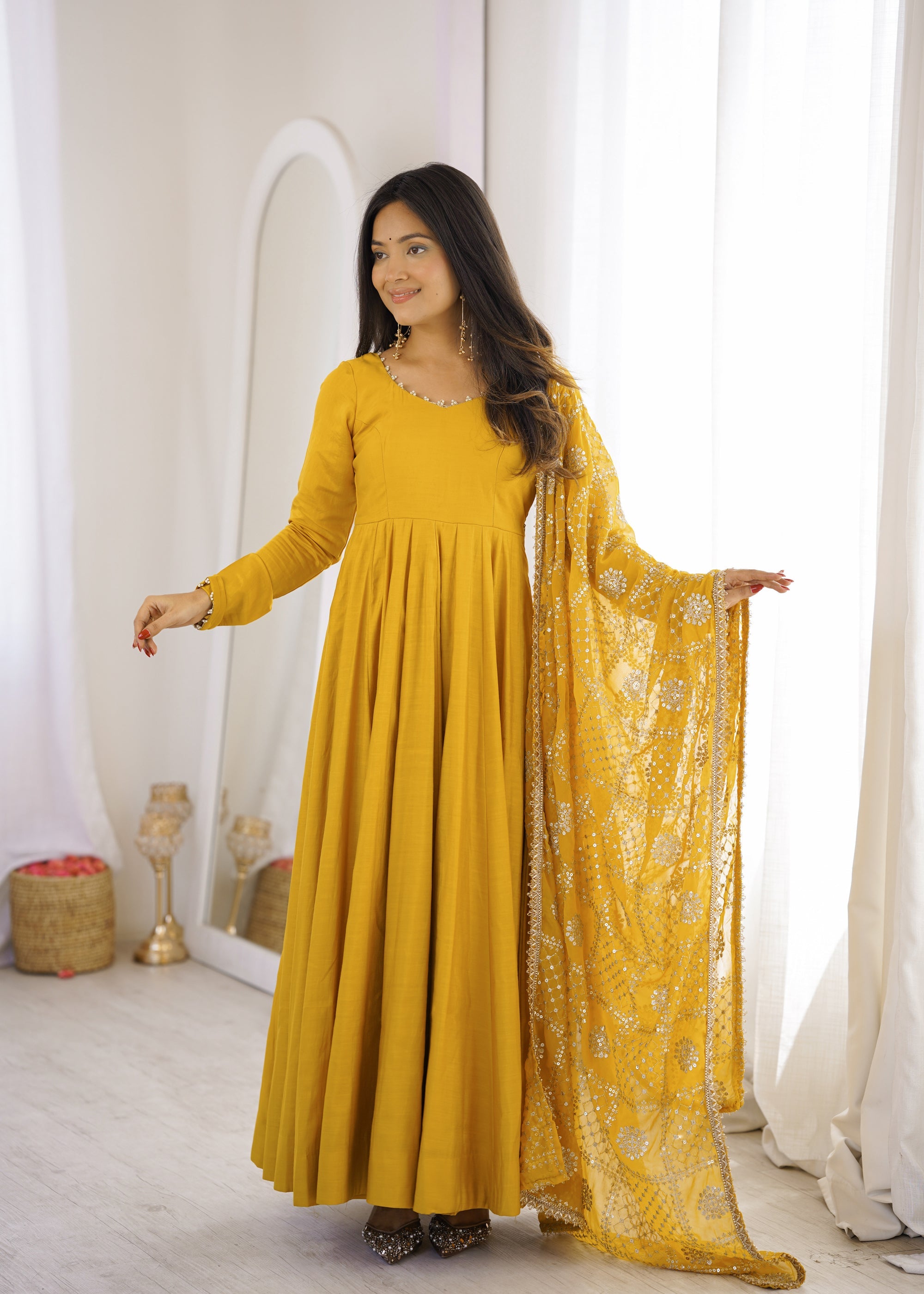 Lorenvalley Fashion Yellow Roman Chanderi Silk 16 Kali Anarkali Gown Pants with Dupatta | Grocsy