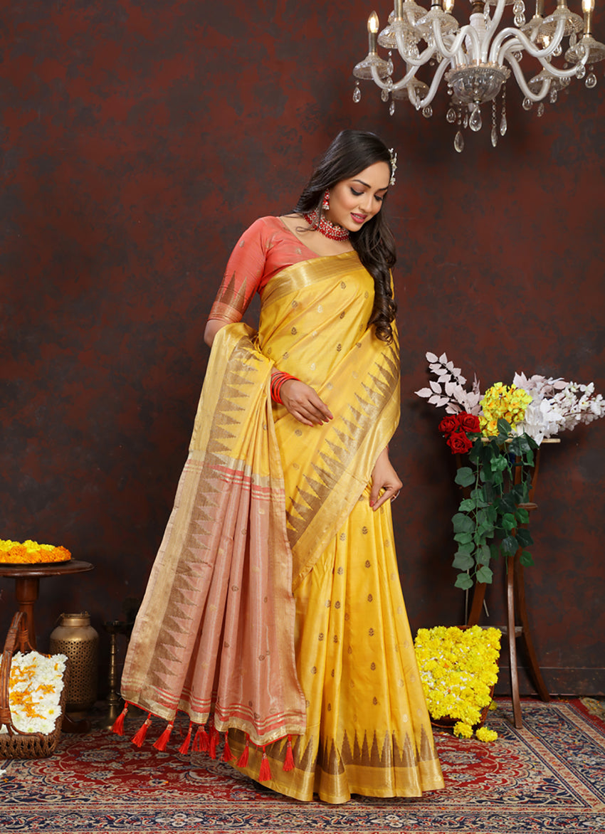 Lorenvalley Fashion Yellow Soft Katan Silk Woven Design Zari Weaving Pallu Saree | Grocsy