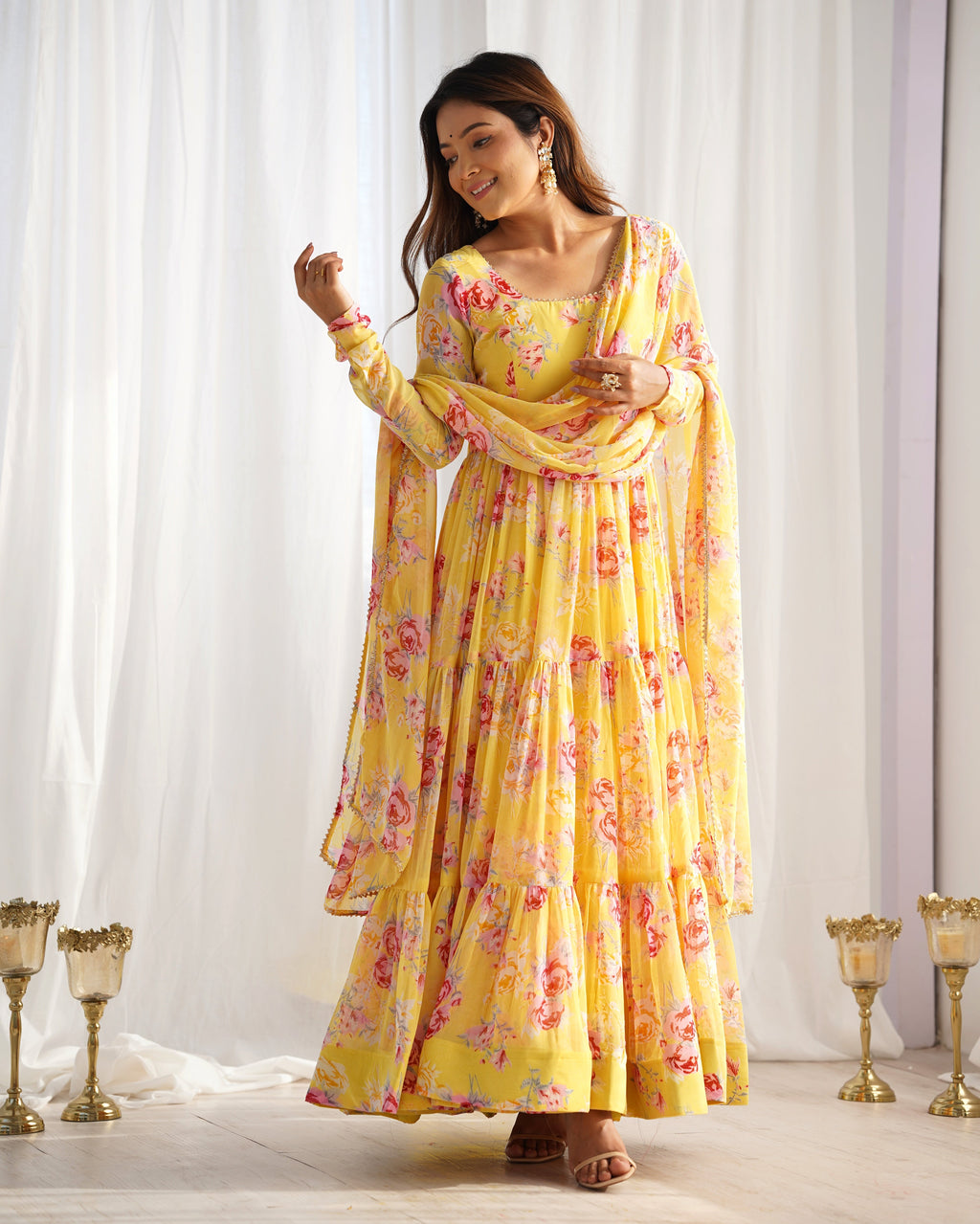 Lorenvalley Women Pure Soft Faux Georgette Floral Print Fully Flair Anarkali Kurta Pant With Dupatta Set - Yellow | Grocsy